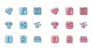 Set line Pipette, Chemistry report, Molecule, Test tube and flask, Medicine pill tablet, Gas mask and icon. Vector