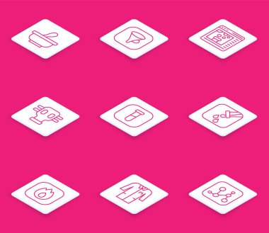 Havan ve tokmak hattı, huni filtresi, kimyasallar çevrimiçi, gaz maskesi, test tüpü şişesi, ateş alevi ve laboratuvar üniforması ikonu. Vektör