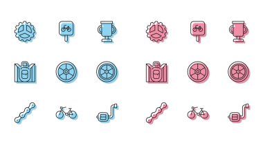 Set line Bicycle chain, sprocket crank, pedal, wheel, Hiking backpack and parking icon. Vector