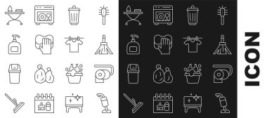 Set line Vacuum cleaner, Toilet paper roll, Handle broom, Trash can, Cleaning service, Bottle of liquid soap, Iron ironing board and Drying clothes icon. Vector