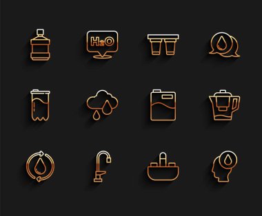 Geri dönüşüm hattı temiz su, su musluğu, büyük şişe su, lavabo, damla, bulut yağmuru, sürahi filtre ve ikon. Vektör