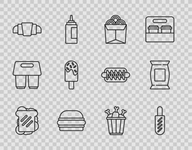 Sandviç, Hotdog sandviçi, Noodles in box, Burger, Croissant, Dondurma, Tavuk budu ve Poşet veya paket patates cipsi ikonu. Vektör