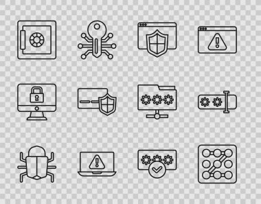 Set line System bug, Graphic password protection, Browser with shield, Laptop exclamation mark, Safe, Credit card, Password and icon. Vector