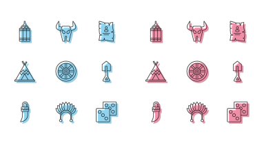 Set line Tooth, Indian headdress with feathers, Dynamite bomb, Game dice, Old wooden wheel, Shovel, teepee or wigwam and Buffalo skull icon. Vector