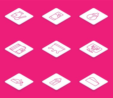 Şişede yoğurt içmek, sütlü bardak, süt, süt paketi, İnek kafası, tereyağı tabağı ve ikon için kağıt paketi. Vektör