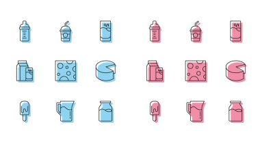 Dondurma, sürahi ya da sürahi, şişede bebek sütü, peynirli şişe, kefir ve milkshake ikonu için kağıt paket. Vektör