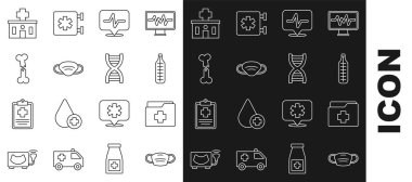 Tıbbi koruyucu maske, hasta kaydı, termometre, kalp atışı, kırık kemik, hastane binası ve DNA sembolü ikonu. Vektör