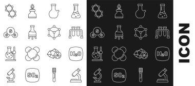 Hat mikroskobu, kimyasal formül H2O, test tüpü, sülfür dioksit SO2, molekül ve ikon. Vektör