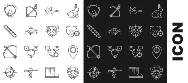 Set line Moose head on shield, Hunt place, bear with crosshairs, Flying duck, Trap hunting, Hunting cartridge belt cartridges, Bear and moose icon. Vector — Image vectorielle