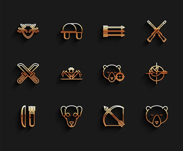 Set line Bow and arrow in quiver, Hunting dog, Deer antlers on shield, Bear head, Trap hunting, duck with crosshairs and bear icon. Vector — Stockvector