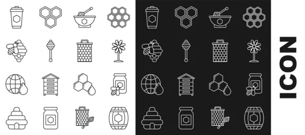 Set line Wooden barrel with honey, Jar of bee, Flower, Honey dipper stick and bowl, Hive for bees, Cup tea and Honeycomb icon. Vector — Image vectorielle