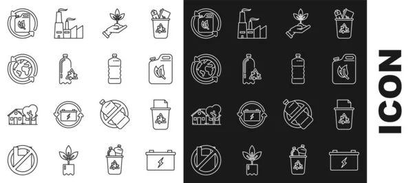 Set line Car battery, Recycle bin with recycle symbol, Bio fuel canister, Plant hand of environmental protection, Recycling plastic bottle, Planet earth recycling, and Plastic icon. Vector — Wektor stockowy