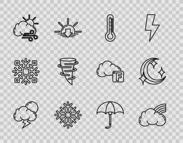 Set line Storm, Rainbow with clouds, Thermometer, Snowflake, Windy weather, Tornado, Classic elegant opened umbrella and Moon and stars icon. Vector — Vetor de Stock