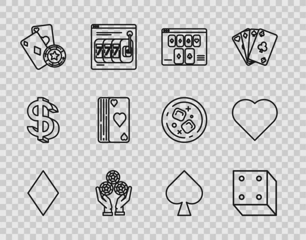 Set line Playing card with diamonds symbol, Game dice, Online poker table game, Hand holding casino chips, Casino playing cards, Deck of, spades and heart icon. Vector — стоковый вектор