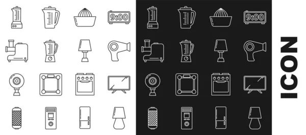 Set line Table lamp, Smart Tv, Hair dryer, Citrus fruit juicer, Blender, Kitchen meat grinder, and icon. Vector — Stockový vektor