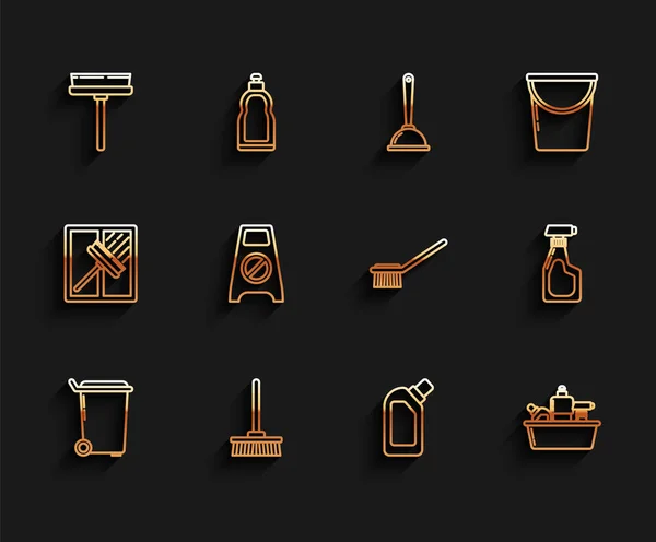 Set line Trash can, Mop, Squeegee, scraper, wiper, Plastic bottles for liquid dishwashing liquid, Wet floor and cleaning progress, Cleaning spray with detergent and Toilet brush icon. Vector — Archivo Imágenes Vectoriales