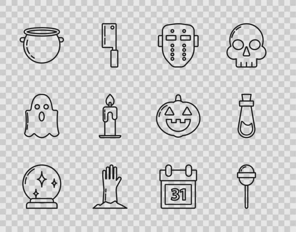 Set line Magic ball, Lollipop, Hockey mask, Zombie hand, Halloween witch cauldron, Burning candle, Calendar with date 31 october and Bottle potion icon. Vector — Vector de stock