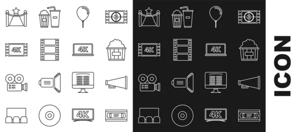 Set line VHS video cassette tape, Megaphone, Popcorn in cardboard box, Balloon with ribbon, Play Video, 4k movie, frame, Carpet barriers and star and Laptop screen technology icon. Vector — Image vectorielle