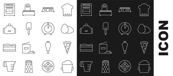 Set line Bakery bowl dough, Slice of pizza, Chicken egg, Electronic scales, Spatula, Kitchen apron, Oven and timer icon. Vector — Vetor de Stock