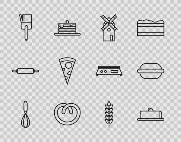 Set line Kitchen whisk, Strawberry cheesecake slice, Windmill, Pretzel, brush, Slice of pizza, Cereals with rice, wheat, corn, oats, rye and Macaron cookie icon. Vector — Wektor stockowy