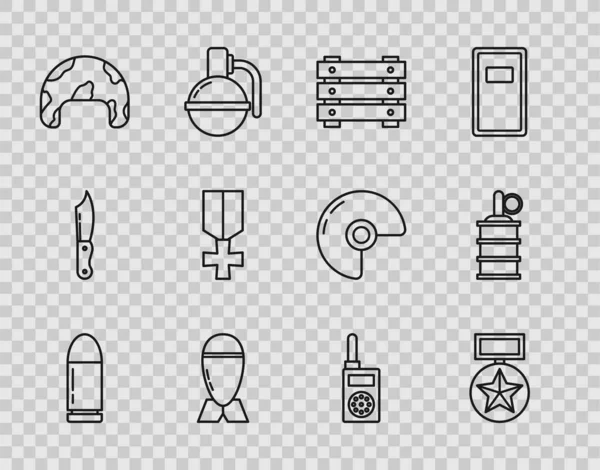 Set line Bullet, Military reward medal, ammunition box, Aviation bomb, helmet, Walkie talkie and Hand grenade icon. Vector — Stockvektor