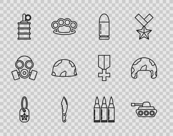 Set line Military dog tag, tank, Bullet, knife, Hand grenade, helmet, and icon. Vector — Stockový vektor