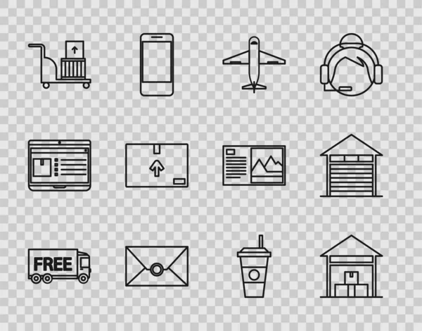 Set line Free delivery service, Warehouse, Plane, Envelope, Electric hand truck and boxes, Cardboard with traffic symbol, Coffee cup and Closed warehouse icon. Vector — Archivo Imágenes Vectoriales