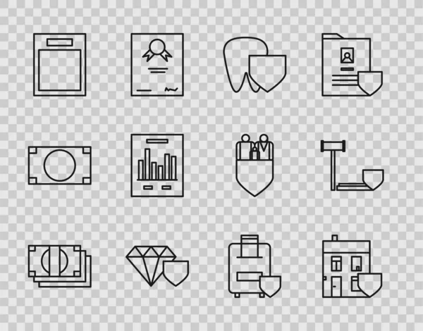 Set line Stacks paper money cash, House with shield, Tooth, Diamond, Empty form, Document graph chart, Traveling baggage insurance and Judge gavel icon. Vector — Stock vektor