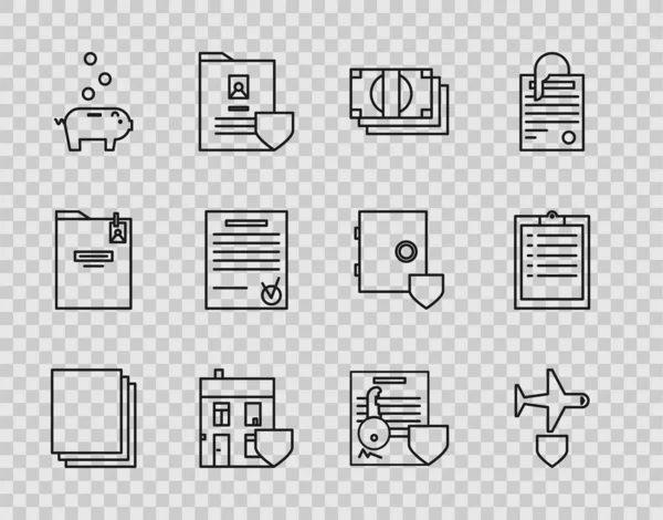 Set line Clean paper, Plane with shield, Stacks money cash, House, Piggy bank coin, Confirmed document and check mark, Document key and Clipboard checklist icon. Vector — стоковий вектор