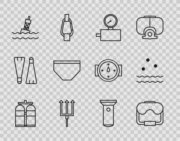Set line Aqualung, Diving mask, Gauge scale, Neptune Trident, Floating buoy on the sea, Swimming trunks, Flashlight and Cold and waves icon. Vector — стоковый вектор