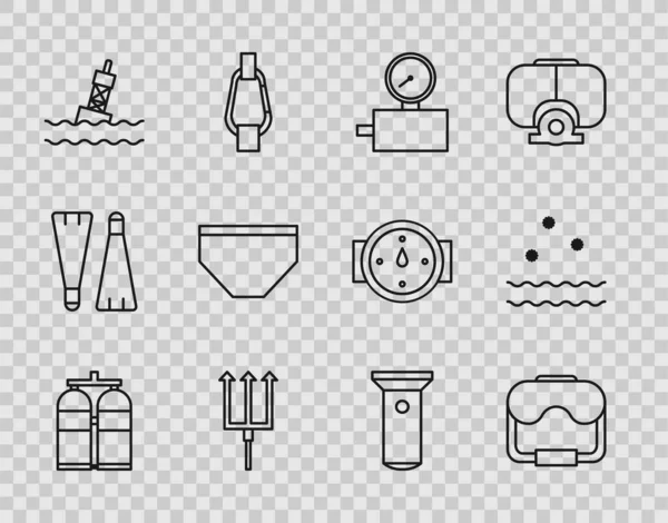 Set line Aqualung, Diving mask, Gauge scale, Neptune Trident, Floating buoy on the sea, Swimming trunks, Flashlight and Cold and waves icon. Vector — Stock vektor