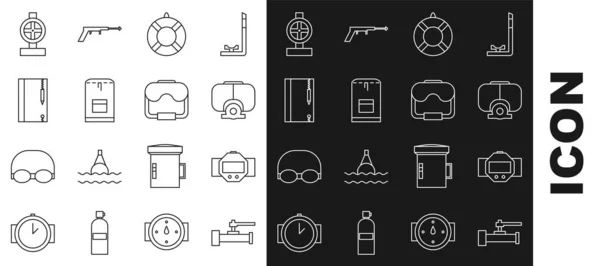 Set line Industry metallic pipes and valve, Diving watch, mask, Lifebuoy, Backpack, Underwater note book pencil, and icon. Vector — Stok Vektör