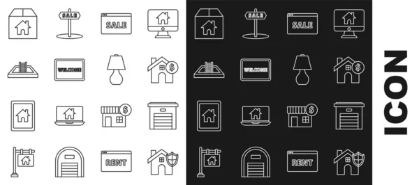 Set line House with shield, Garage, dollar symbol, Hanging sign text Online Sale, Doormat the Welcome, Swimming pool ladder, Cardboard box house and Table lamp icon. Vector — 图库矢量图片