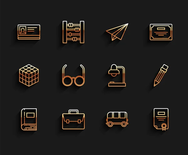 Set line Book, Briefcase, Identification badge, School Bus, Certificate template, Glasses, Pencil with eraser and Table lamp icon. Vector — стоковый вектор