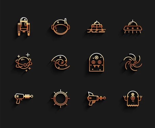 Set line Ray gun, Sun, Robot, Alien, Black hole, and icon. Vector — 스톡 벡터