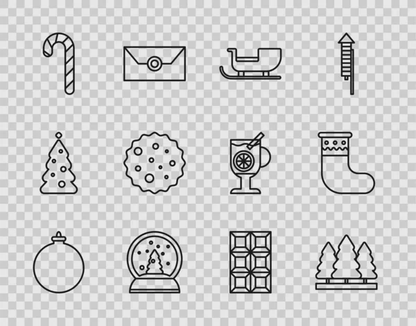 Set line Christmas ball, trees, santa claus sleigh, snow globe, candy cane with stripes, Cookie or biscuit chocolate, Chocolate bar and stocking icon. Vector — Stok Vektör