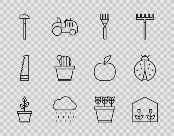 Set line Plant in pot, Home greenhouse and plants, Garden rake, Cloud with rain, Hammer, Cactus succulent, Plants and Ladybug icon. Vector — Stockvektor