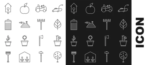 Set line Tree, Cactus and succulent in pot, Leaf, Tractor, Garden hose fire hose, Trash can, Retro wall watch and rake icon. Vector — Vetor de Stock