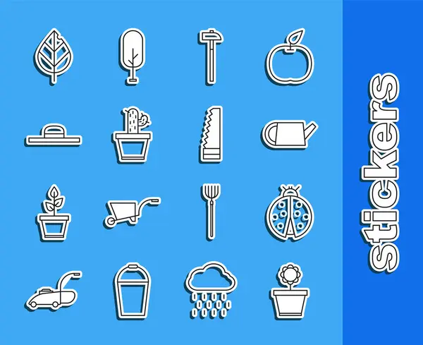 Set line Flower in pot, Ladybug, Watering can, Hammer, Cactus and succulent, Worker hat, Leaf and Garden saw icon. Vector — Vetor de Stock