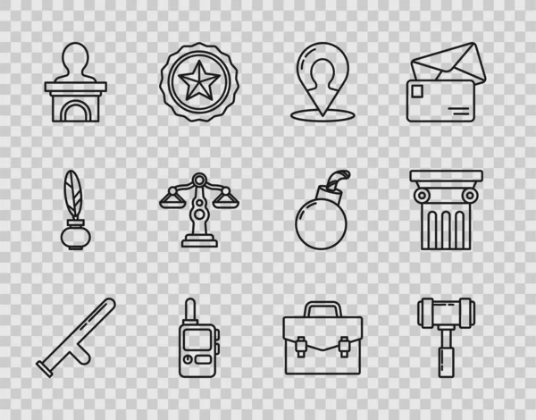 Set line Bastón de goma policial, Martillo de juez, Marcador de mapa con silueta de persona, Walkie talkie, Stand de escenario o debate podium rostrum, Escalas de justicia, Maletín y el icono pilar de la ley. Vector — Vector de stock