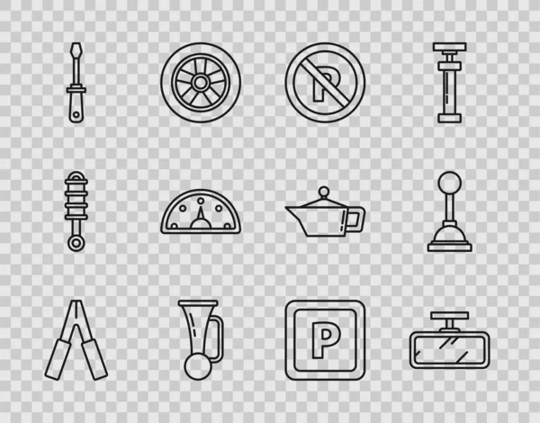 Set line Car battery jumper power cable, mirror, No Parking stopping, Signal horn on vehicle, Screwdriver, Speedometer, and Gear shifter icon. Vector — Image vectorielle
