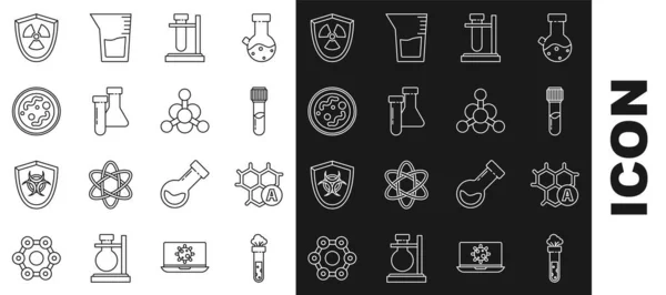 Set line Tubo de ensayo y matraz químico, Fórmula química, en soporte, Bacterias, Radioactivo en escudo e icono. Vector — Vector de stock