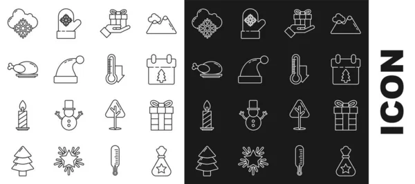 Set line Santa Claus bag gift, Gift box, Calendar, in hand, Christmas hat, Roasted turkey or chicken, Cloud with snow and Meteorology thermometer measuring icon. Vector — Image vectorielle