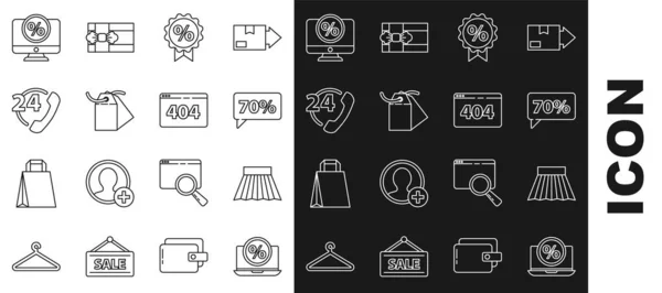 Set line Percent discount and laptop, Skirt, Seventy percent tag, Discount, Blank label template price, Telephone 24 hours support, monitor and Page with 404 error icon. Vector — Archivo Imágenes Vectoriales