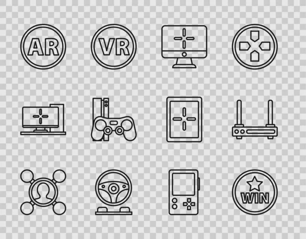 Set line Share, Medal, Computer monitor, Racing simulator cockpit, Ar, augmented reality, Game console with joystick, Portable video game and Router and wi-fi signal icon. Vector — Vetor de Stock