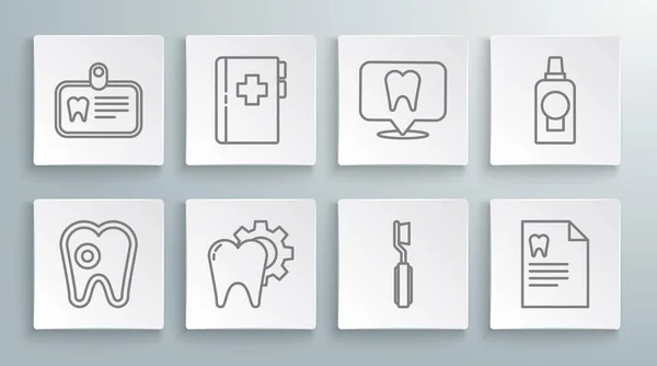 Set line Tooth with caries, Clipboard dental card, treatment procedure, Toothbrush, Dental clinic location, Mouthwash plastic bottle and Id tooth icon. Vector — Stockvektor