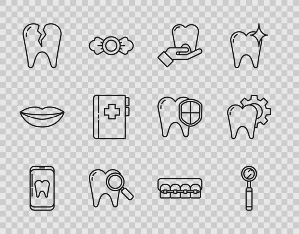 Set line Online dental care, Dental inspection mirror, Tooth, search, Broken tooth, Clipboard with card, Teeth braces and treatment procedure icon. Vector — Stockvektor