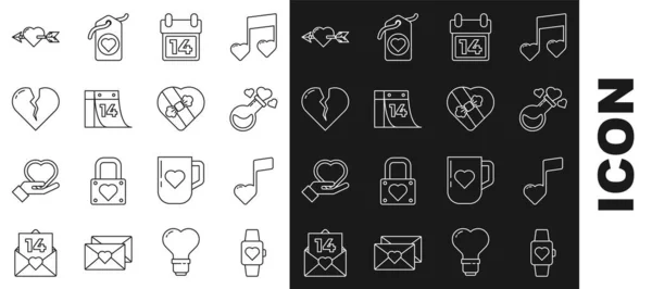 Set line Heart in the center wrist watch, Music note, tone with hearts, Bottle love potion, Calendar February 14, Broken or divorce, Amour and arrow and Candy shaped box icon. Vector — стоковий вектор