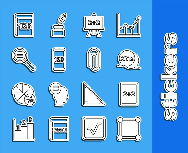 Set line Chalkboard with diagram, Calculation, Calculator, Book word mathematics, Paper clip, Test exam sheet and pen and icon. Vector — Vetor de Stock