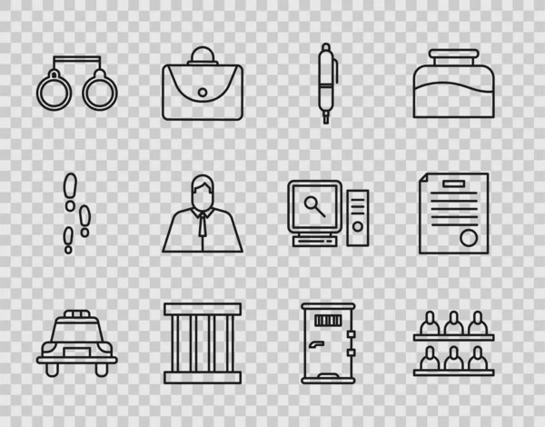 Set line Police car and flasher, Jurors, Pen, Prison window, Handcuffs, Lawyer, attorney, jurist, cell door and The arrest warrant icon. Vector — Wektor stockowy